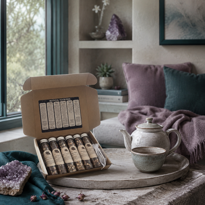 Magical Tea Sampler box styled in a calm tea room with teapot, stone tray, mauve textiles, dark teal accents, and amethyst décor. — for Carpe Diem Dream