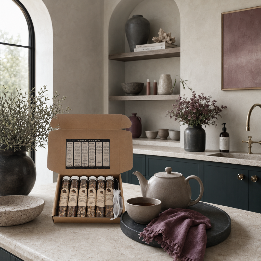 Magical Tea Sampler box styled in an elevated tea bar with teapot, stone tray, mauve linen, dark teal cabinetry, and refined shelf décor. — for Carpe Diem Dream