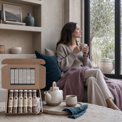 Magical Tea Sampler box styled in a calm window-side tea ritual with teapot, soft mauve blanket, dark teal accents, and peaceful room details. — for Carpe Diem Dream