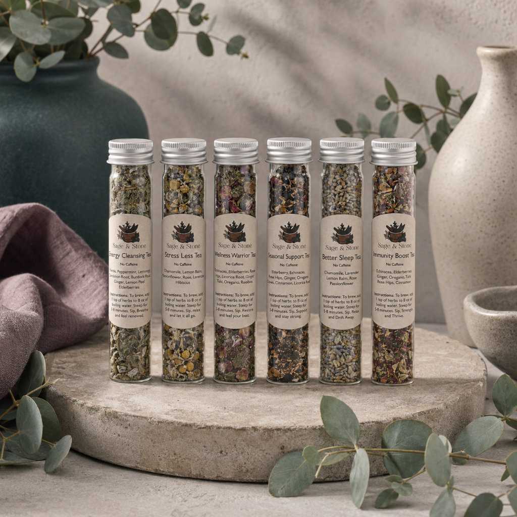 Fruity Tea Sampler tubes displayed in the Carpe Diem Dream botanical studio with eucalyptus, mauve linen, natural stone, and dark teal accents. — for Carpe Diem Dream