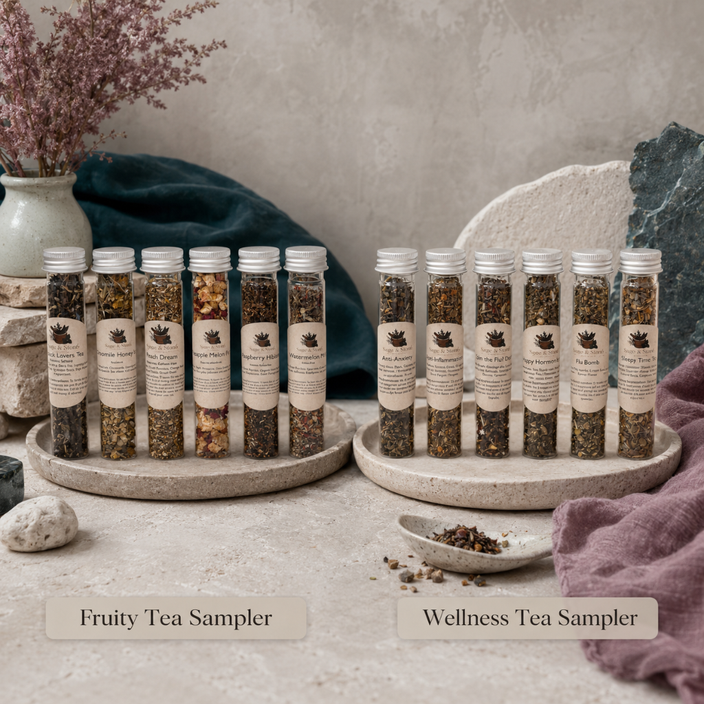 Tea Sampler Sets with Fruity Tea Sampler and Wellness Tea Sampler tubes displayed side by side on stone trays with dark teal and mauve styling. — for Carpe Diem Dream