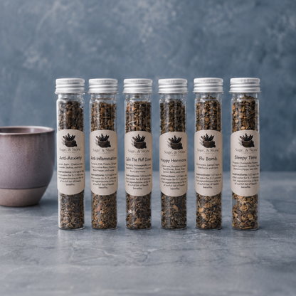 Wellness Tea Sampler tubes photographed on a cool blue-gray stone surface with a muted mauve cup and crisp label detail. — for Carpe Diem Dream
