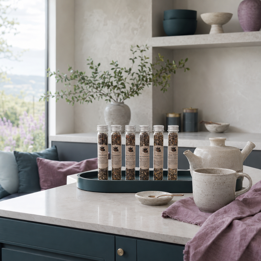 Wellness Tea Sampler with six labeled tea tubes styled on a dark teal tray in a refined kitchen tea station with a teapot, mug, and mauve linen. — for Carpe Diem Dream