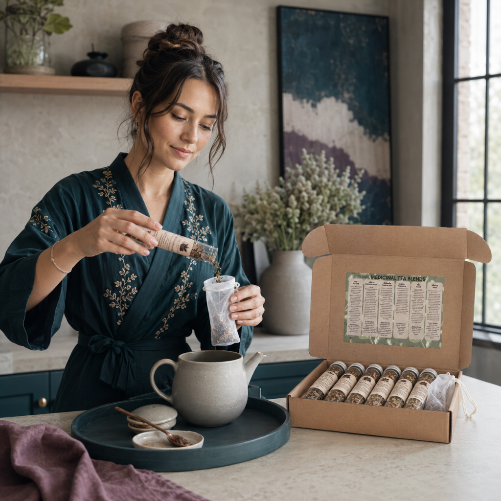 Woman preparing Wellness Tea Sampler loose tea with a drawstring infuser, teapot, open sampler box, and dark teal tray in a refined kitchen. — for Carpe Diem Dream