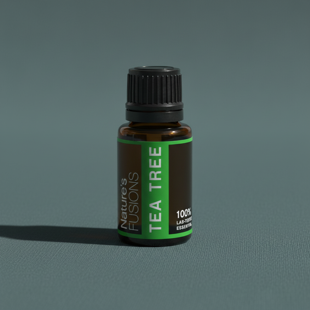 Close-up of amber glass bottle of Tea Tree Essential Oil with black ribbed cap on muted teal textured background. — for Carpe Diem Dream