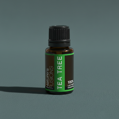 Close-up of amber glass bottle of Tea Tree Essential Oil with black ribbed cap on muted teal textured background. — for Carpe Diem Dream