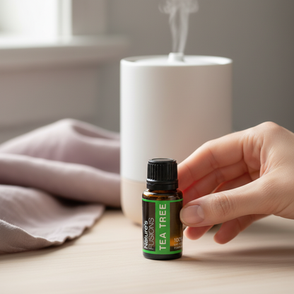 Amber glass bottle of Tea Tree Essential Oil held by hand beside white diffuser with visible mist on wooden surface in soft natural light. — for Carpe Diem Dream