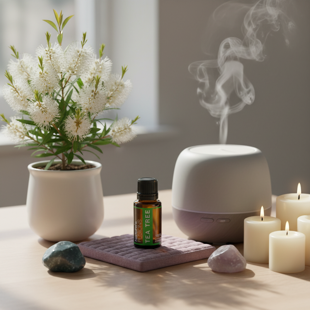 Amber glass bottle of Tea Tree Essential Oil placed beside white essential oil diffuser with visible mist, lit cream candles, white flowering plant, and polished stones in soft natural light. — for Carpe Diem Dream