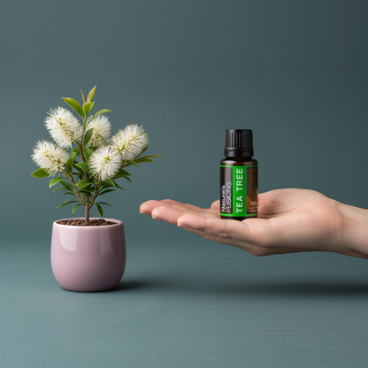Amber glass bottle of Tea Tree Essential Oil resting on open hand beside small potted white flowering plant on muted teal background. — for Carpe Diem Dream