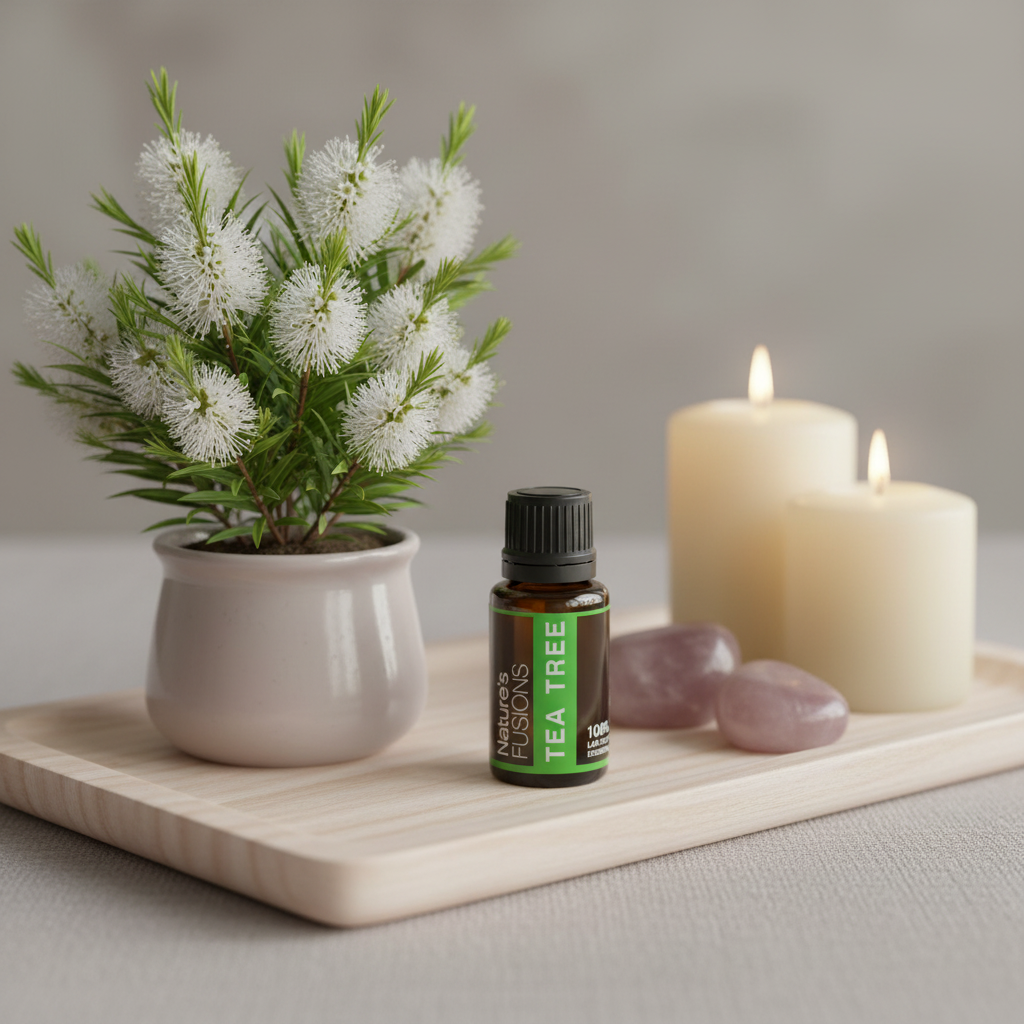 Amber glass bottle of Tea Tree Essential Oil placed on wooden tray beside lit cream candles, white flowering plant, and polished rose quartz stones in soft natural light. — for Carpe Diem Dream