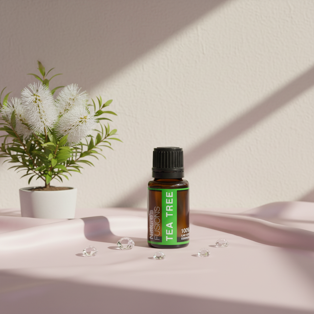Amber glass bottle of Tea Tree Essential Oil styled on soft blush fabric beside white flowering plant and small clear crystals in warm natural light. — for Carpe Diem Dream