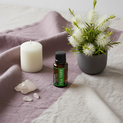 Amber glass bottle of Tea Tree Essential Oil styled on layered neutral fabric beside white candle, white flowering plant, and small crystal stones in soft natural light. — for Carpe Diem Dream