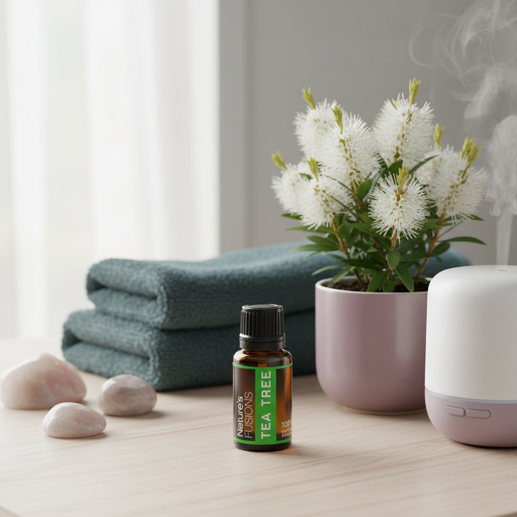 Amber glass bottle of Tea Tree Essential Oil placed beside white essential oil diffuser with visible mist, folded teal towels, white flowering plant, and polished stones on wooden surface in soft natural light. — for Carpe Diem Dream