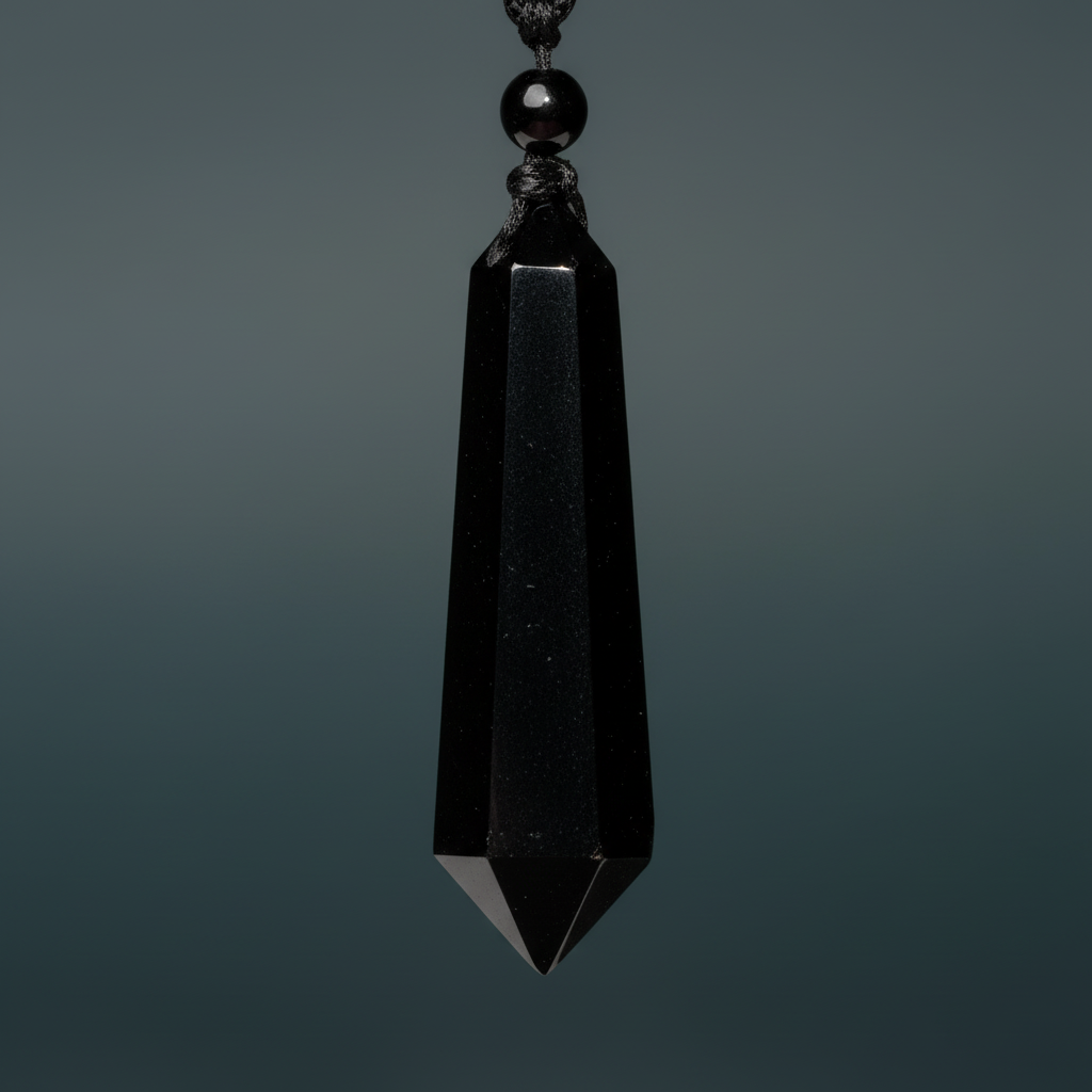 Black obsidian talisman shown in a dramatic close-up against a soft teal gradient background. — for Carpe Diem Dream