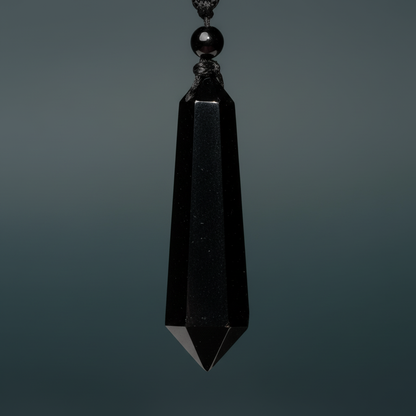 Black obsidian talisman shown in a dramatic close-up against a soft teal gradient background. — for Carpe Diem Dream