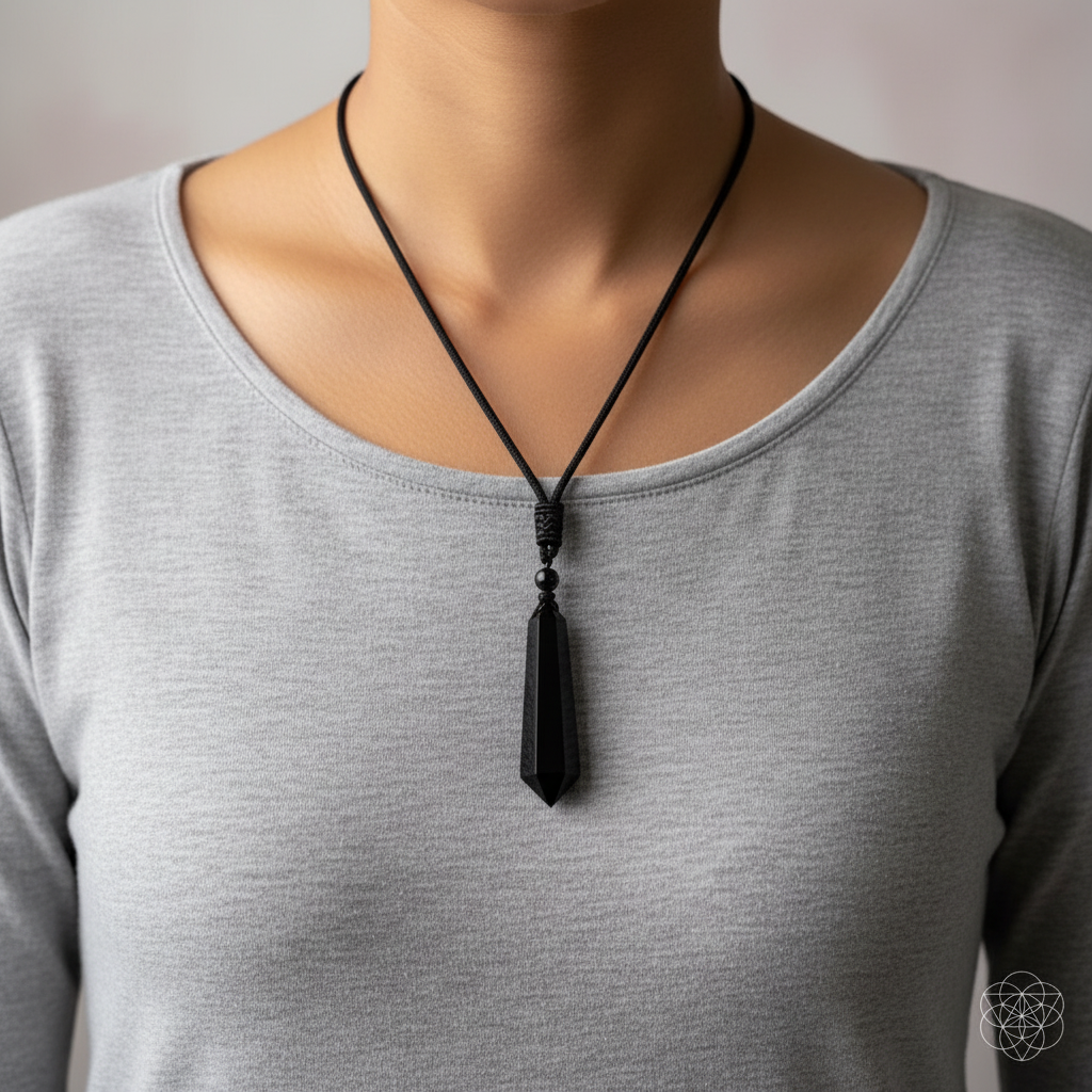 Black obsidian talisman necklace worn over a soft gray top in a clean lifestyle portrait. — for Carpe Diem Dream