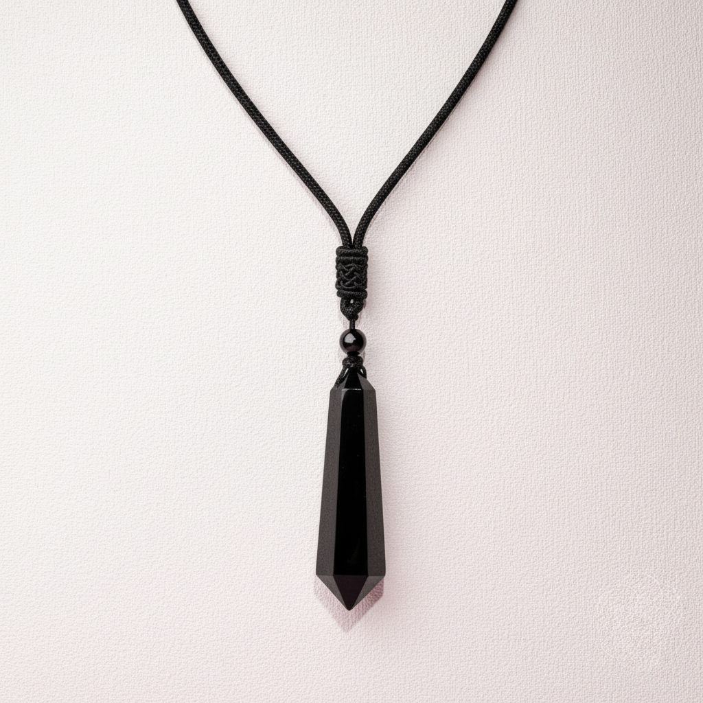 IBlack obsidian talisman necklace hanging against a soft pale pink textured background. — for Carpe Diem Dream