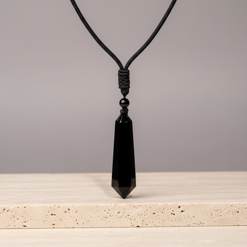 Black obsidian talisman necklace displayed on a travertine stone surface with soft neutral lighting. — for Carpe Diem Dream