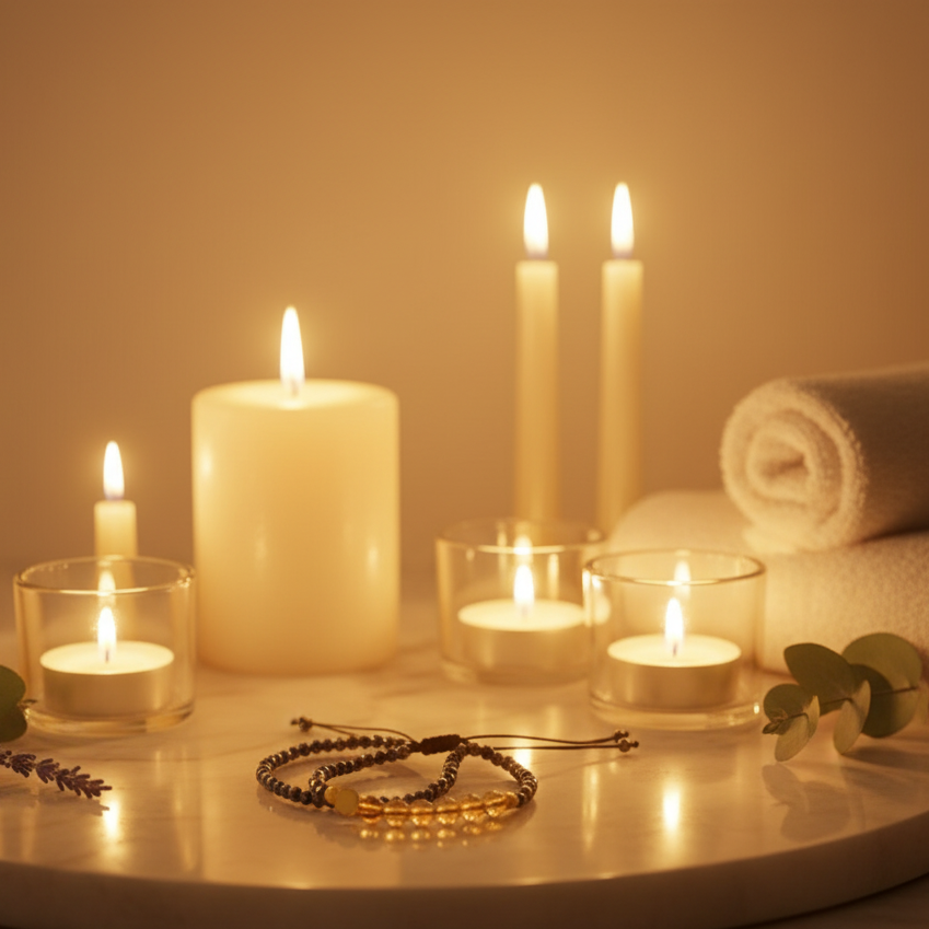 Mindfulness bracelet with glossy black hematite and warm citrine beads displayed on a round stone surface surrounded by glowing spa candles, soft eucalyptus, and a rolled towel in warm candlelight — for Carpe Diem Dream