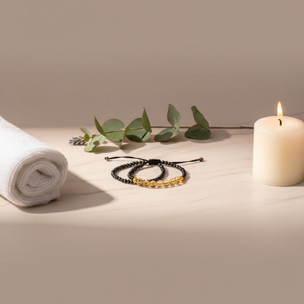 Mindfulness bracelet with glossy black hematite and warm citrine beads arranged beside a rolled white spa towel, eucalyptus sprigs, and a lit candle on a soft neutral surface — for Carpe Diem Dream