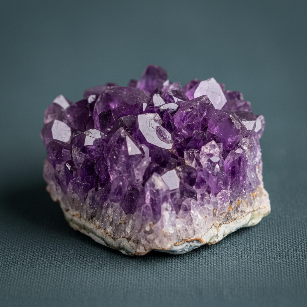 A close-up view of the Natural Intuition Stone amethyst cluster highlighting deep violet crystal points and natural white matrix against a muted teal textured background.— for Carpe Diem Dream