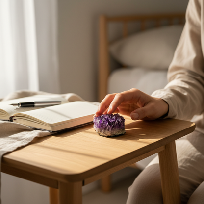 The Natural Intuition Stone amethyst cluster gently touched by hand on a bedside table beside an open journal, creating a quiet and reflective daily ritual moment.— for Carpe Diem Dream