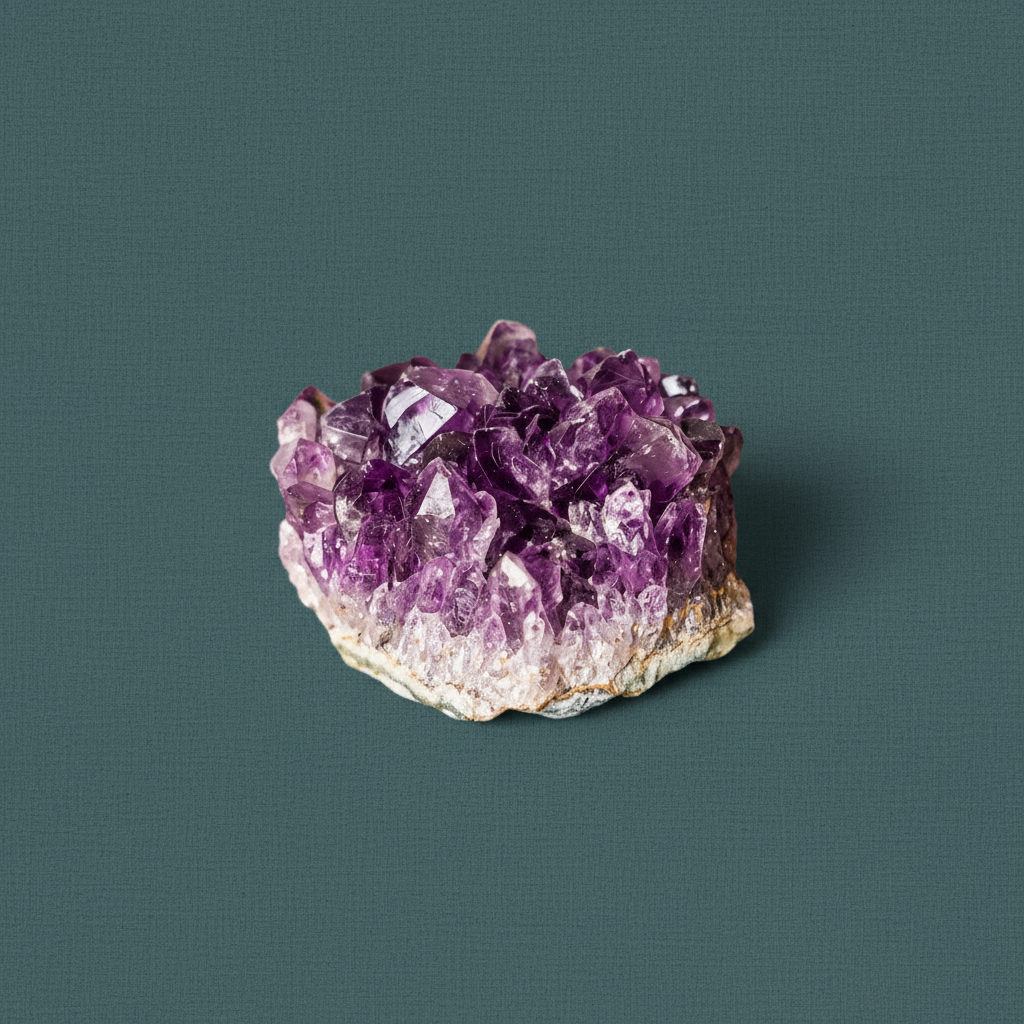 The Natural Intuition Stone amethyst cluster displayed upright on a muted teal textured background, highlighting deep violet crystal points and raw mineral base.— for Carpe Diem Dream