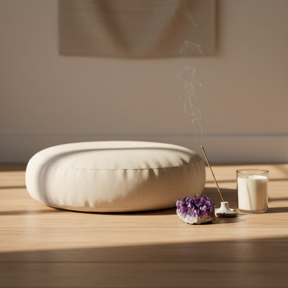 The Natural Intuition Stone amethyst cluster placed beside a lit incense stick and meditation cushion on a wooden surface, creating a calm and grounding meditation scene.— for Carpe Diem Dream