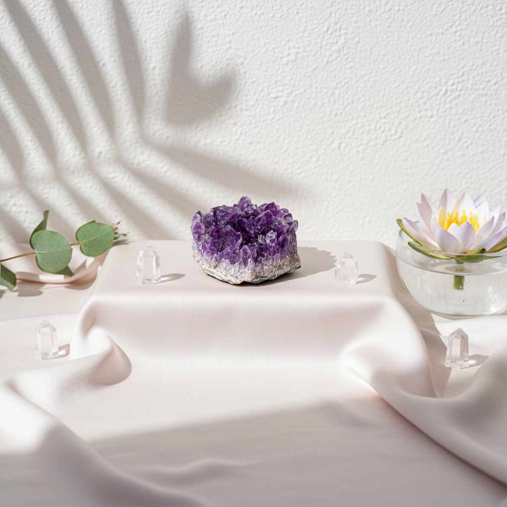The Natural Intuition Stone amethyst cluster displayed on softly draped fabric with clear quartz accents, botanicals, and a lotus candle in a serene studio botanical setting.— for Carpe Diem Dream