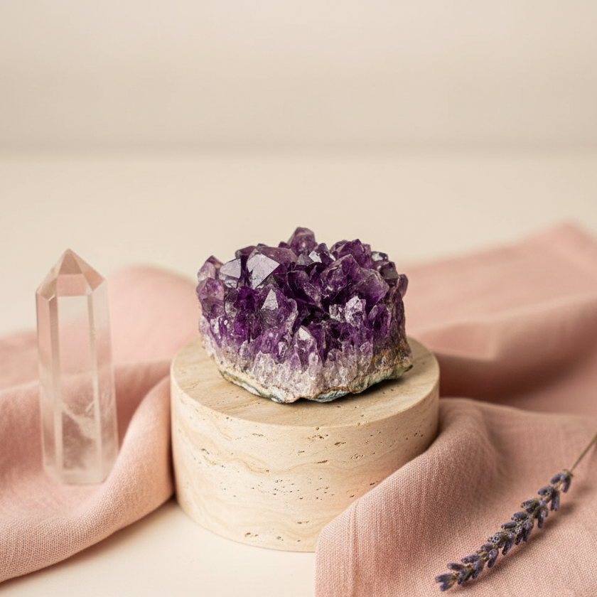 The Natural Intuition Stone amethyst cluster displayed on a stone pedestal with a clear quartz point, soft pink fabric, and dried botanicals in a calm studio ritual setting.— for Carpe Diem Dream