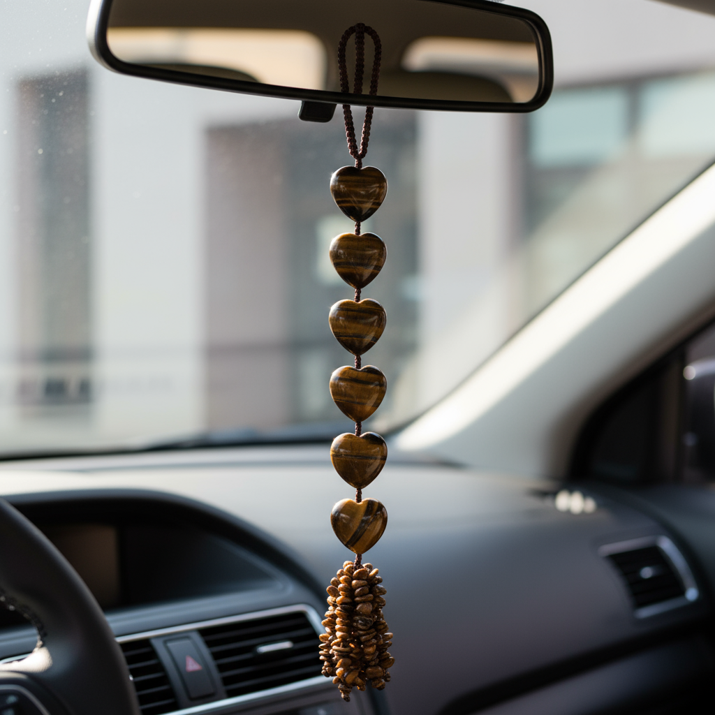 Tiger’s Eye Protection Tassel hanging from a car rearview mirror with soft natural light and blurred city buildings in the background. — for Carpe Diem Dream