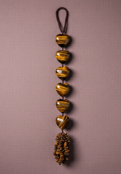 Tiger’s Eye protection tassel hanging against a soft mauve backdrop. — for Carpe Diem Dream
