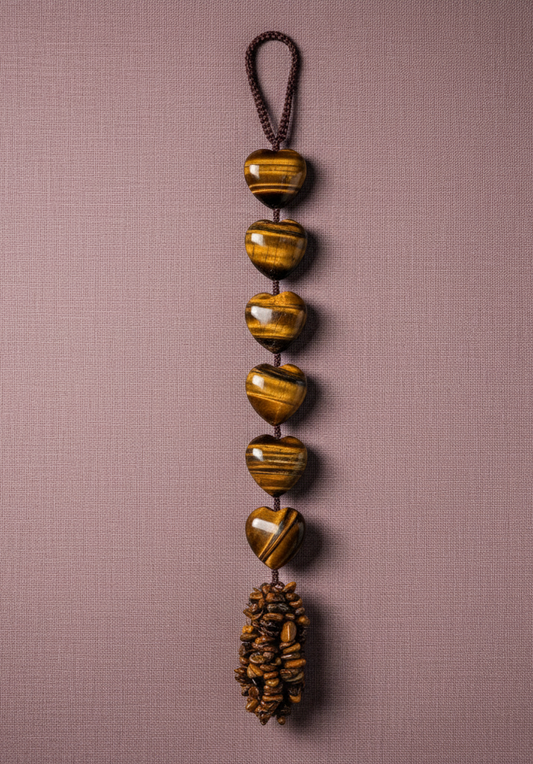 Tiger’s Eye protection tassel hanging against a soft mauve backdrop. — for Carpe Diem Dream

