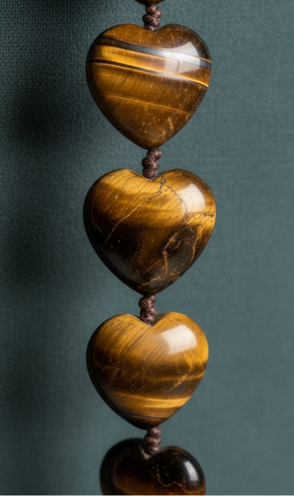 Close-up of Tiger’s Eye heart beads on the Protection Tassel against a muted teal textured backdrop. — for Carpe Diem Dream