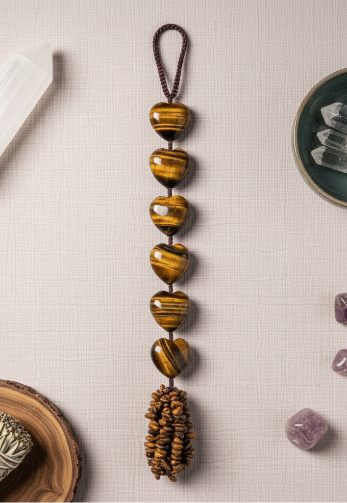Flat-lay of Tiger’s Eye protection tassel styled with selenite, amethyst crystals, and a wooden tray on a soft neutral backdrop. — for Carpe Diem Dream
