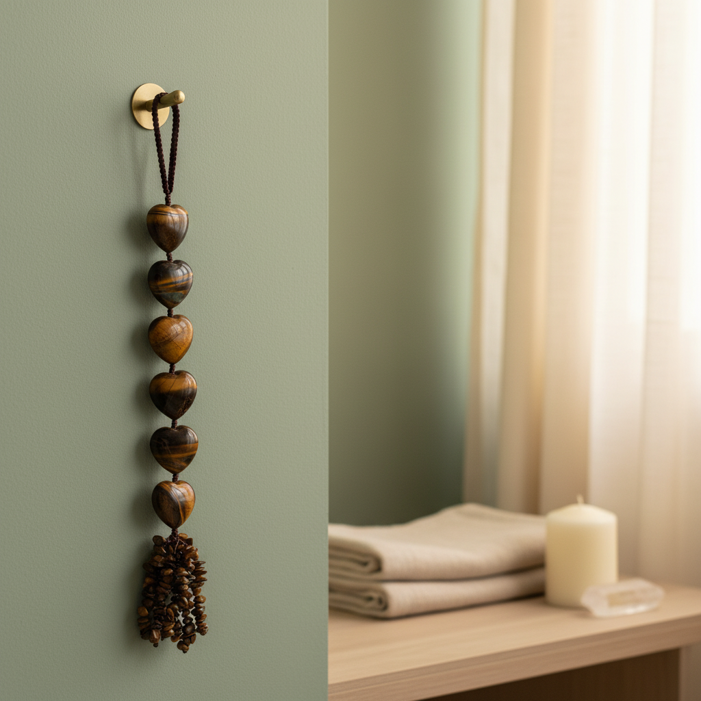 Tiger’s Eye Protection Tassel hanging on a sage-green wall beside folded towels and a lit candle in a calm spa-style setting. — for Carpe Diem Dream