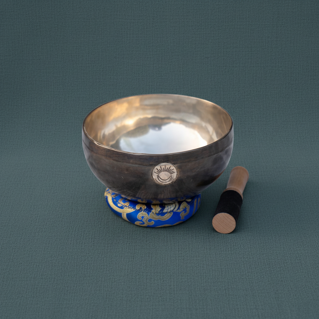 Hand-hammered Third Eye Chakra New Moon singing bowl tuned to A note resting on a blue cushion with wooden mallet on a muted teal linen background. — for Carpe Diem Dream