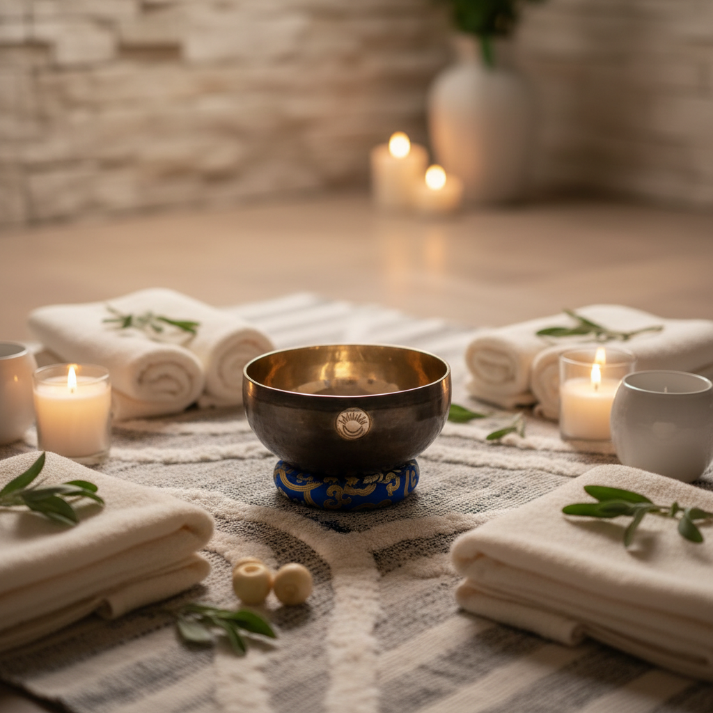 Third Eye Chakra New Moon singing bowl tuned to A note resting on a blue cushion in a calming spa retreat scene with candles, rolled towels, and soft ambient lighting. — for Carpe Diem Dream