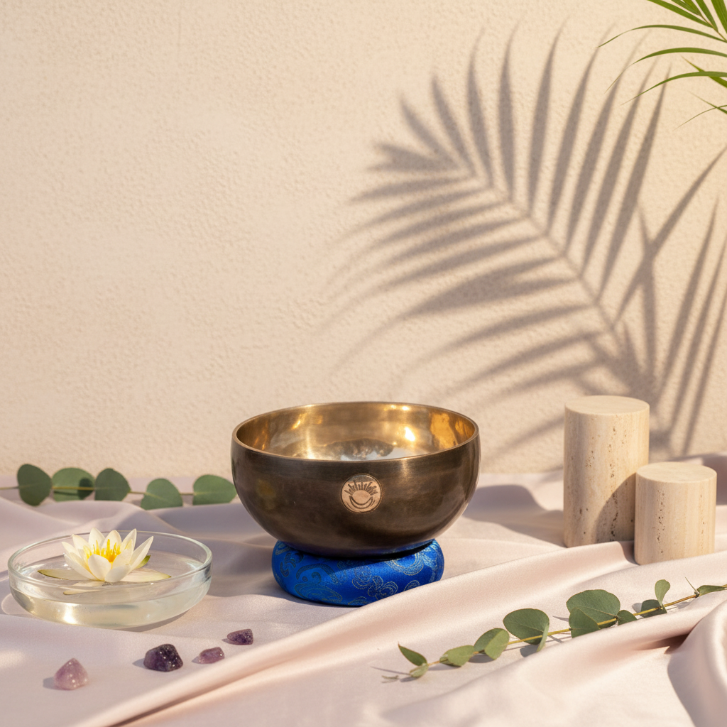 Hand-hammered Third Eye Chakra New Moon singing bowl tuned to A note resting on a blue cushion in a serene studio botanical scene with lotus flower, crystals, and soft botanical shadows. — for Carpe Diem Dream
