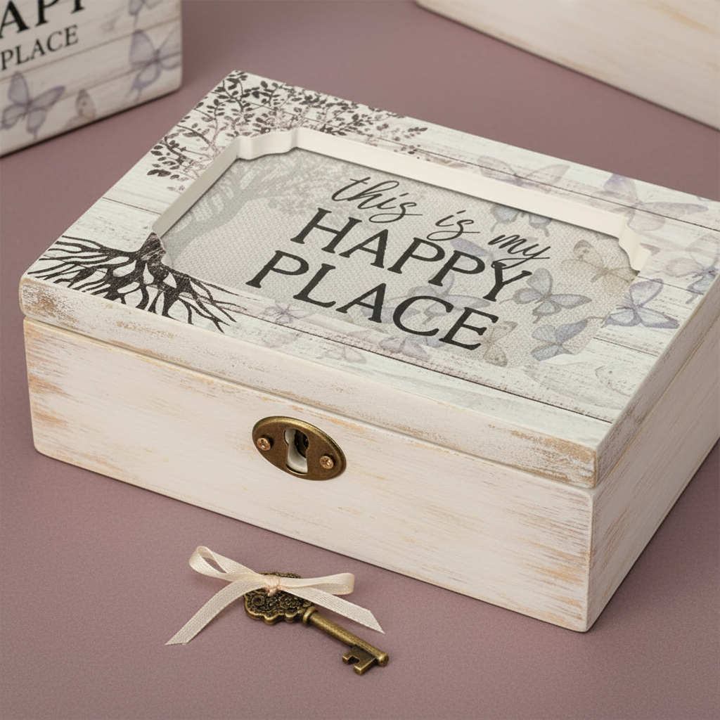 Close-up of a wooden “This Is My Happy Place” music box with vintage key resting on a soft muted mauve surface — for Carpe Diem Dream.
