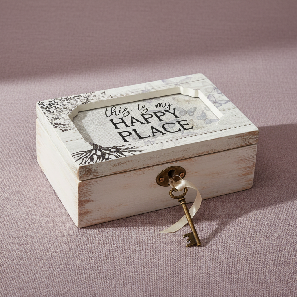 Wooden “This Is My Happy Place” music box with vintage key resting on a soft blush textured background — for Carpe Diem Dream.