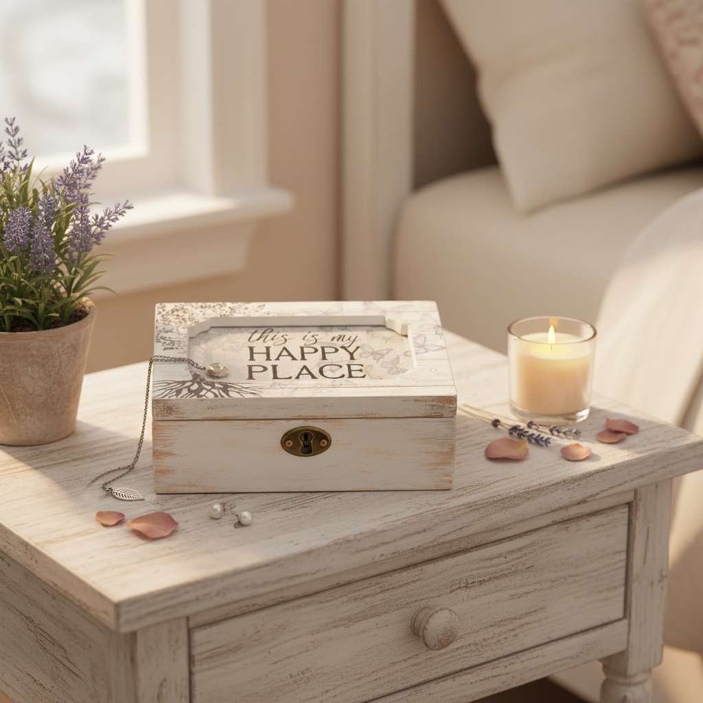 Wooden “This Is My Happy Place” music box displayed on a rustic bedside table with a lit candle, gemstones, and soft natural light — for Carpe Diem Dream.