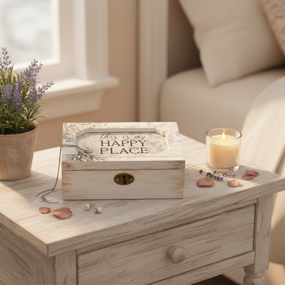 Wooden “This Is My Happy Place” music box displayed on a rustic bedside table with a lit candle, gemstones, and soft natural light — for Carpe Diem Dream.