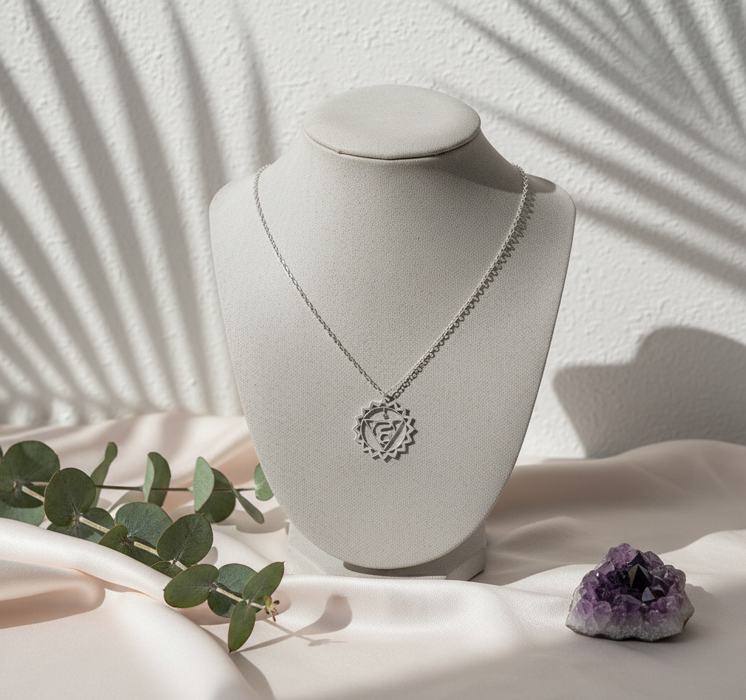 Throat Chakra Coin Necklace displayed on white jewelry bust with pink silk, eucalyptus, and amethyst – for Carpe Diem Dream