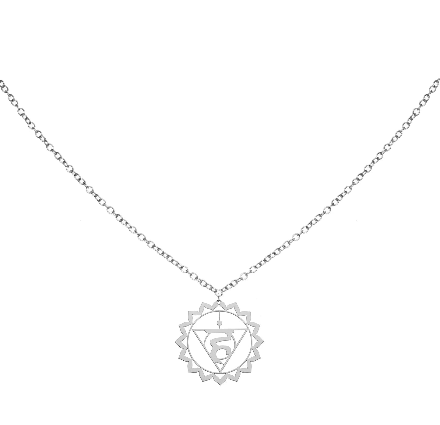 Silver Throat Chakra Coin Necklace with chakra symbol pendant on white background