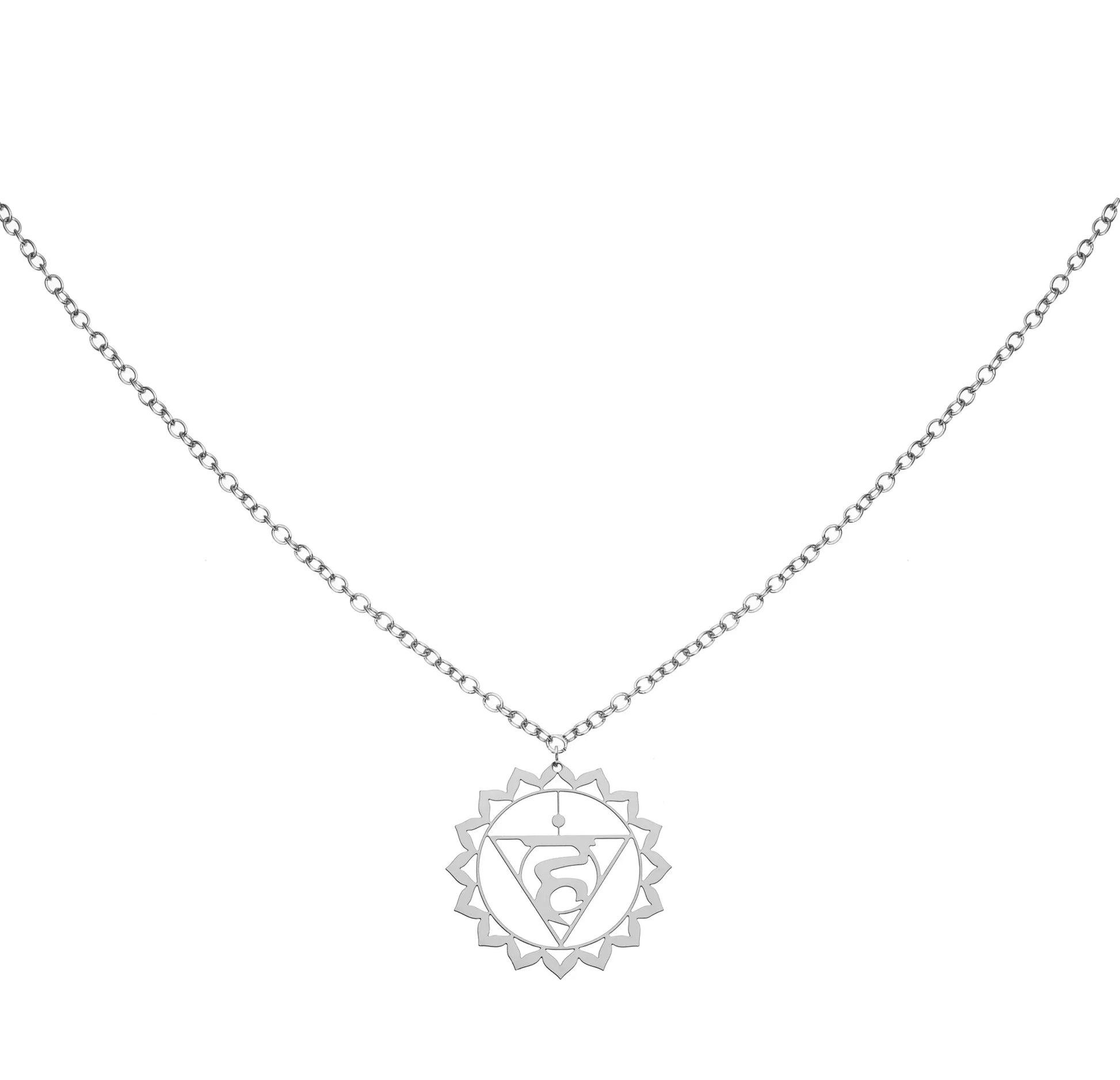 Silver Throat Chakra Coin Necklace with chakra symbol pendant on white background