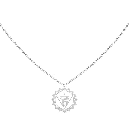 Silver Throat Chakra Coin Necklace with chakra symbol pendant on white background