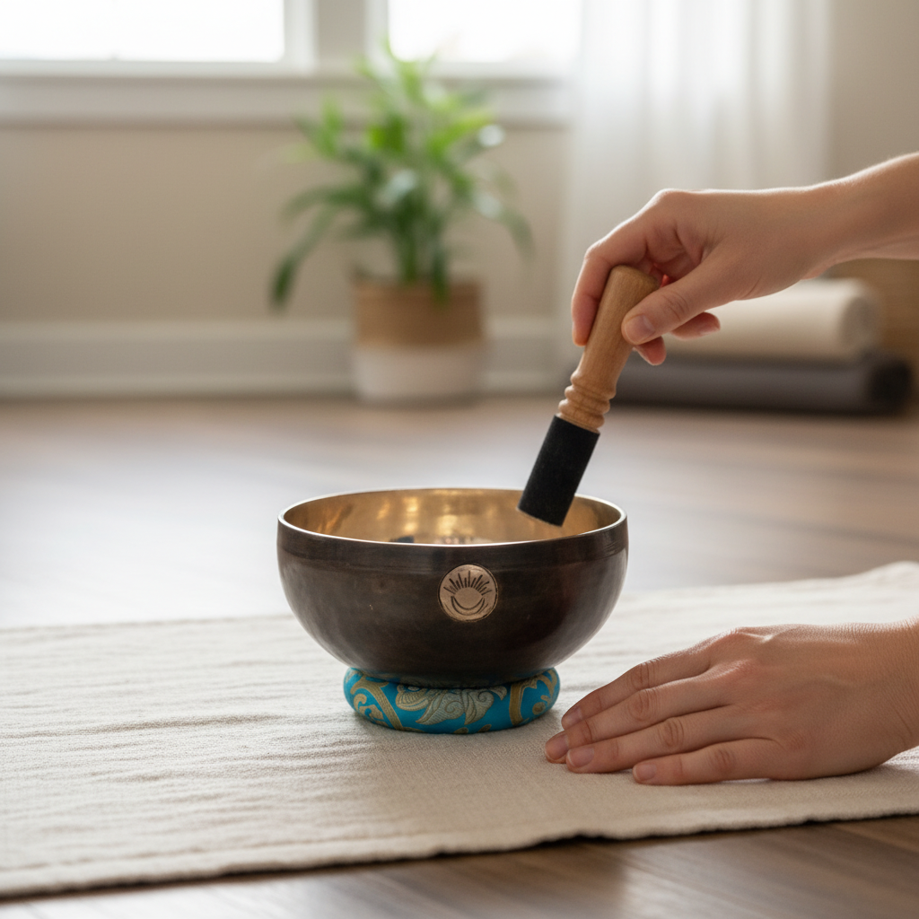 Person gently playing a Throat Chakra New Moon singing bowl tuned to G note with a wooden mallet during meditation on a soft mat. — for Carpe Diem Dream