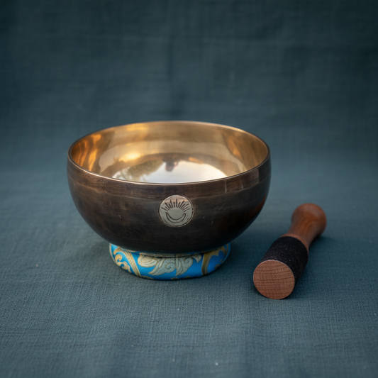 Hand-hammered Throat Chakra New Moon singing bowl tuned to G note resting on a blue cushion with wooden mallet on a deep teal linen background. — for Carpe Diem Dream