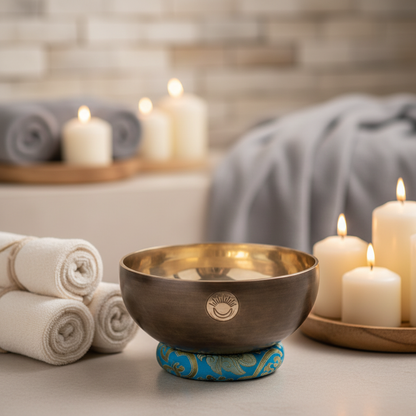 Throat Chakra New Moon singing bowl tuned to G note resting on a blue cushion in a tranquil spa retreat setting with candles and rolled towels. — for Carpe Diem Dream